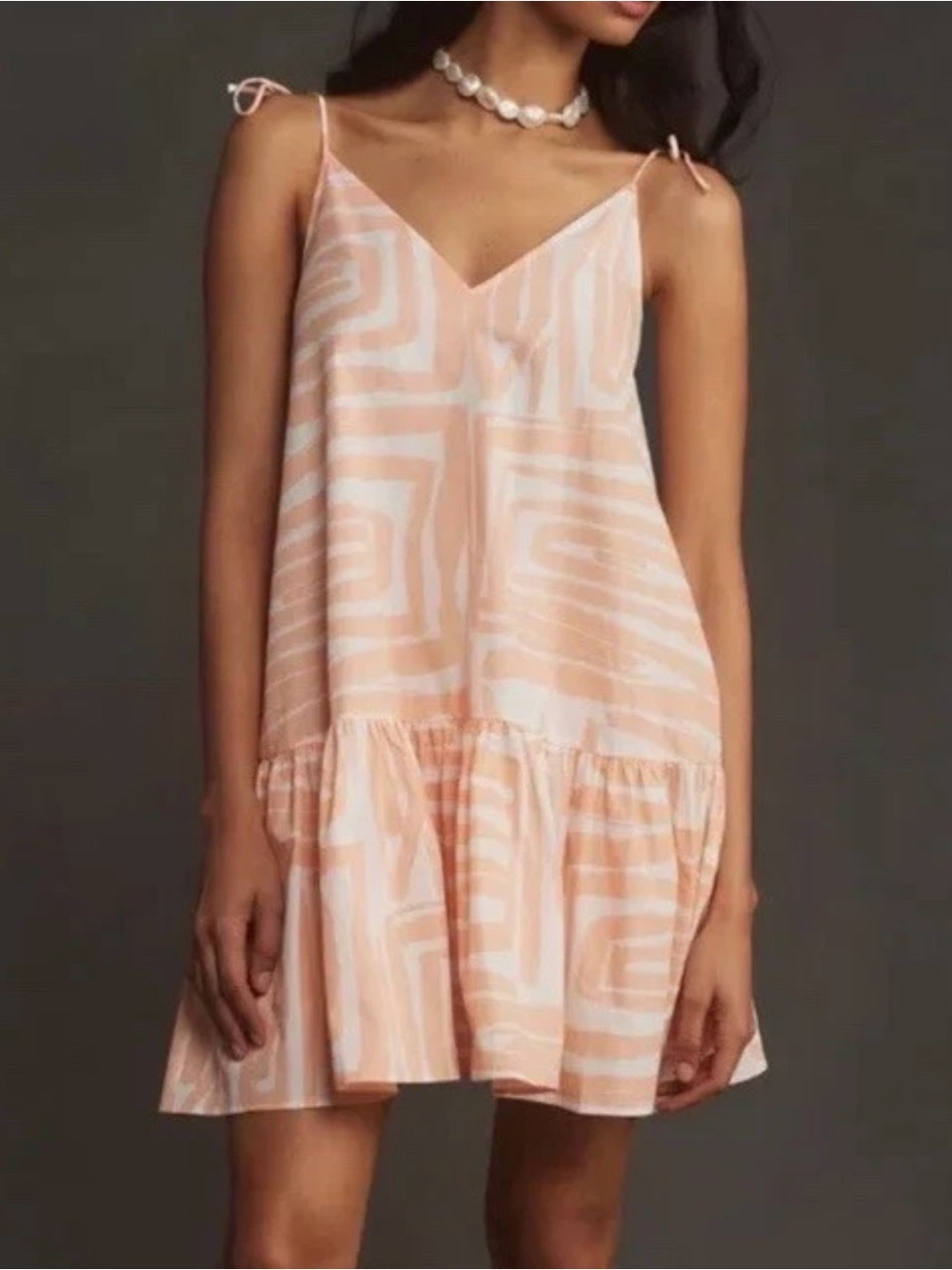 Maeve Peach and White Geo-Print Tie-Strap Mini Dress